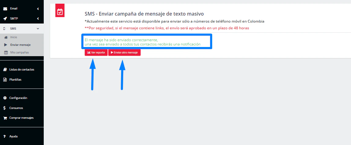 Resumen previo al envío del SMS