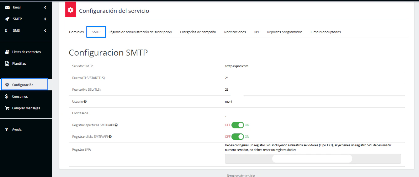 Parámetros de configuración SMTP