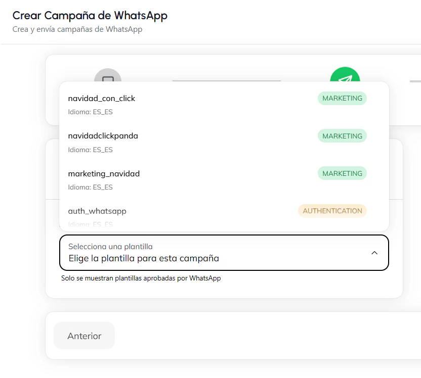 Seleccionar plantilla de WhatsApp