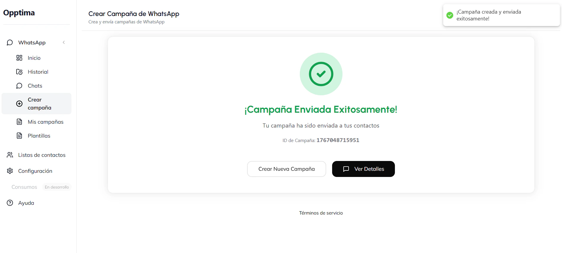 Confirmación de campaña creada