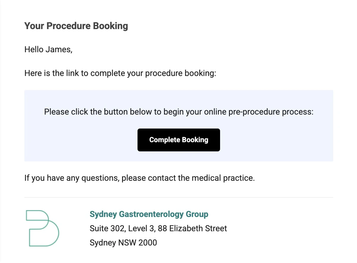 Booking email sent to patient