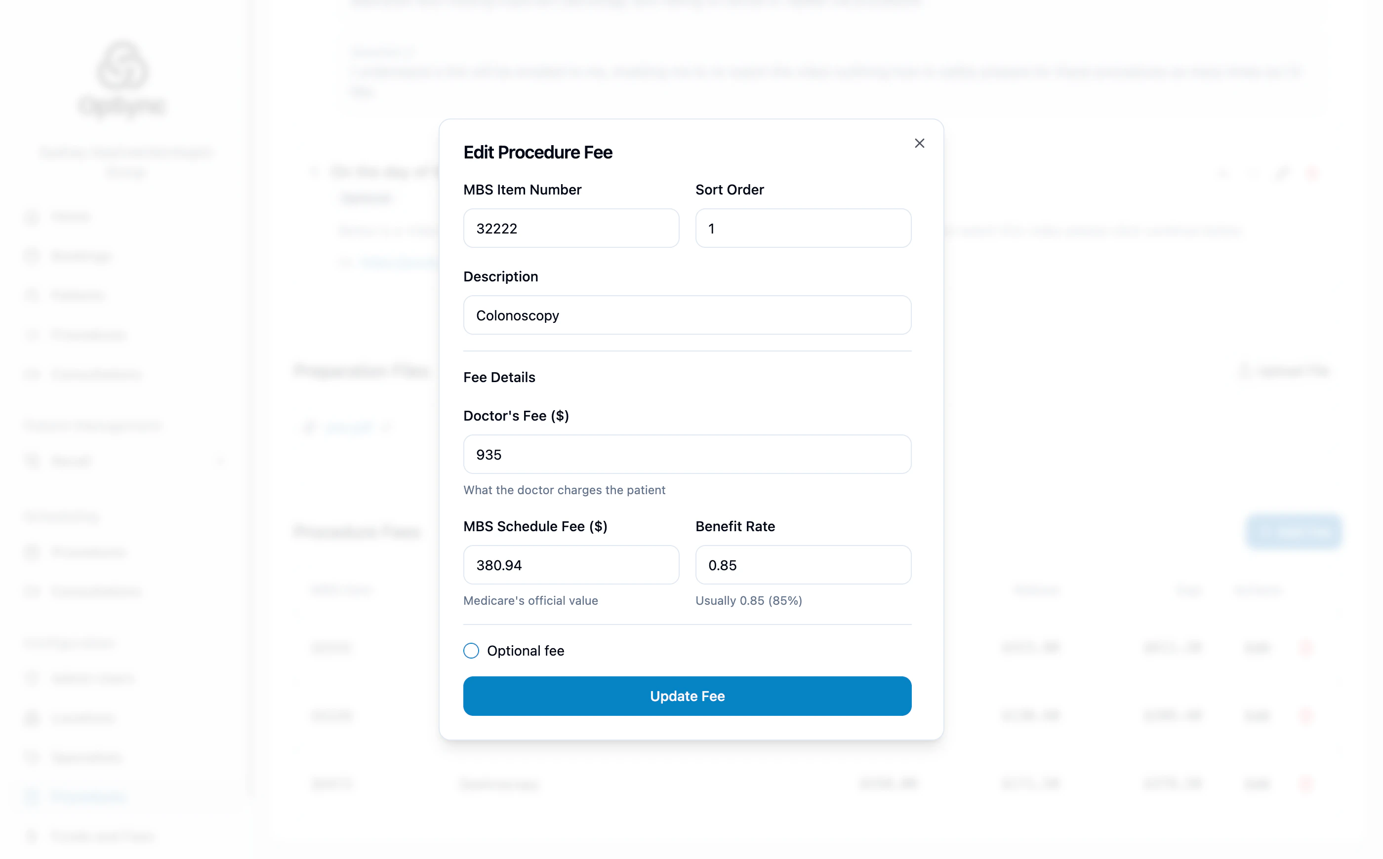 Edit procedure fee form