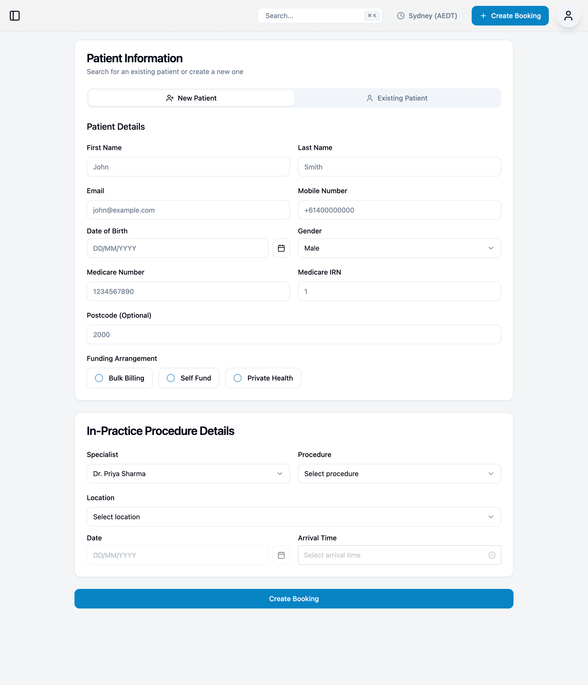 Create Booking form