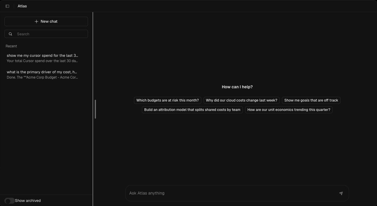 Atlas page with New chat, search, recent conversations, Show archived and suggested prompts