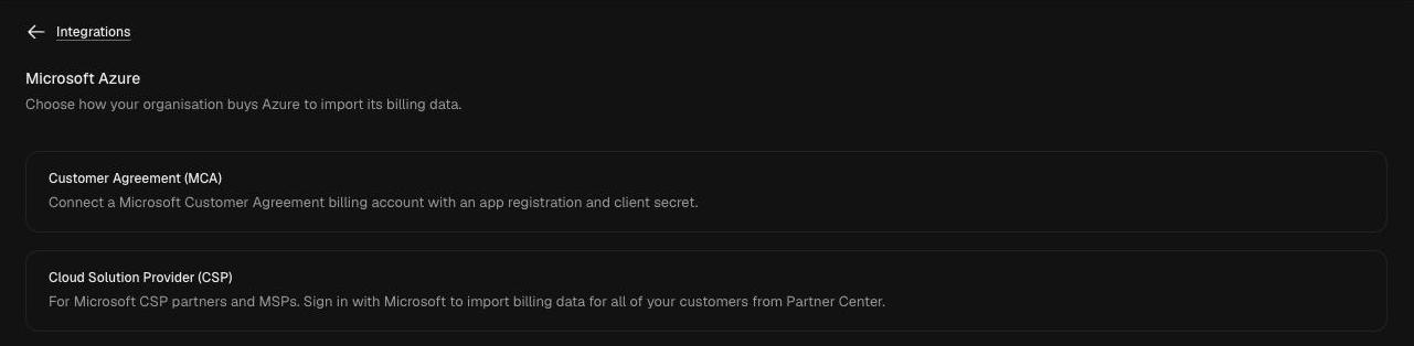 Microsoft Azure setup asking you to choose Customer Agreement (MCA) or Cloud Solution Provider (CSP)