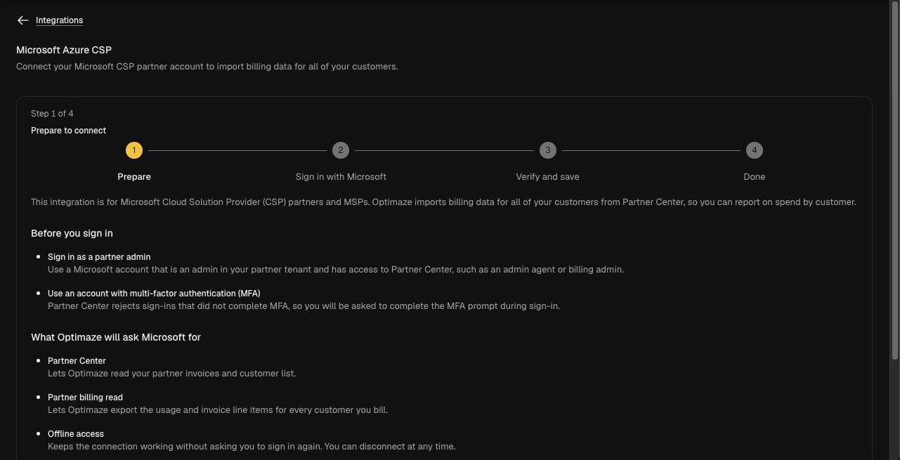 CSP setup step 1, Prepare, listing sign-in requirements and the permissions requested from Microsoft