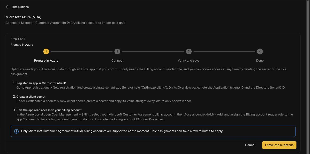 MCA setup step 1, Prepare in Azure, listing the three things to do in Azure