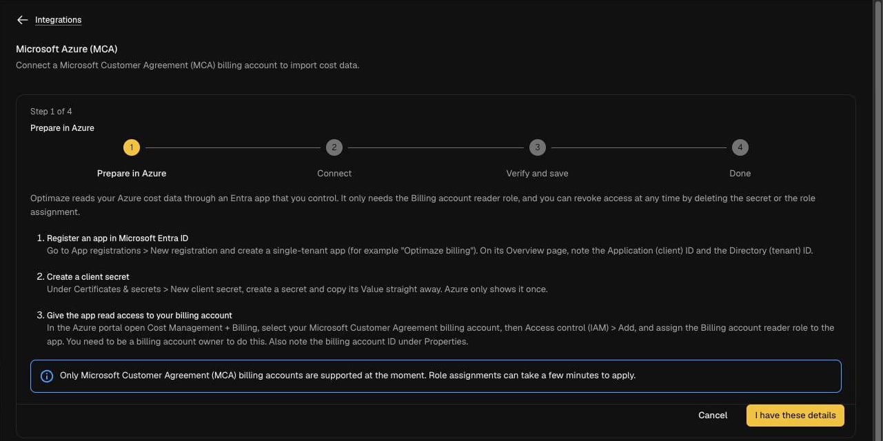MCA setup step 1, Prepare in Azure, listing the three things to do in Azure
