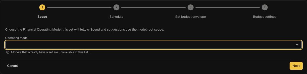 Create Budget wizard on the Scope step, with the Operating model field