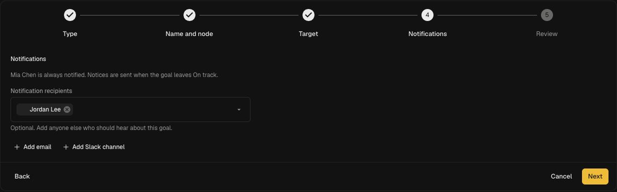 Notifications step showing that the node owner is always notified, with optional recipients, Add email and Add Slack channel