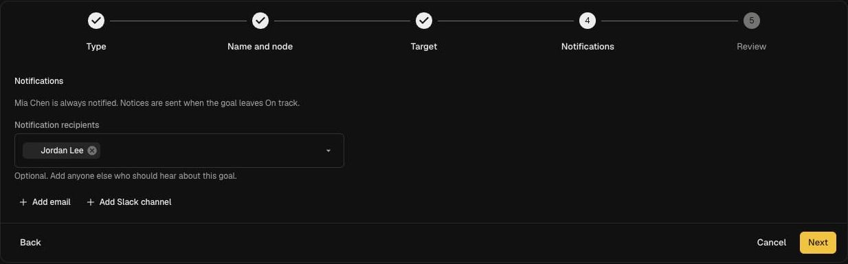 Notifications step showing that the node owner is always notified, with optional recipients, Add email and Add Slack channel