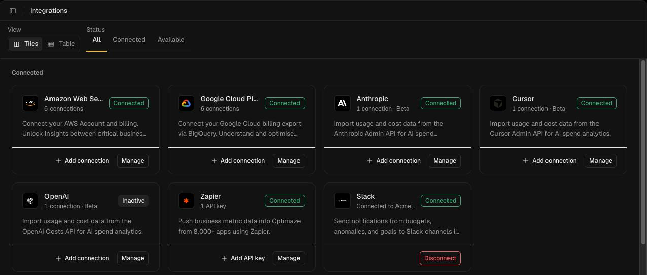 Integrations page with connected provider tiles