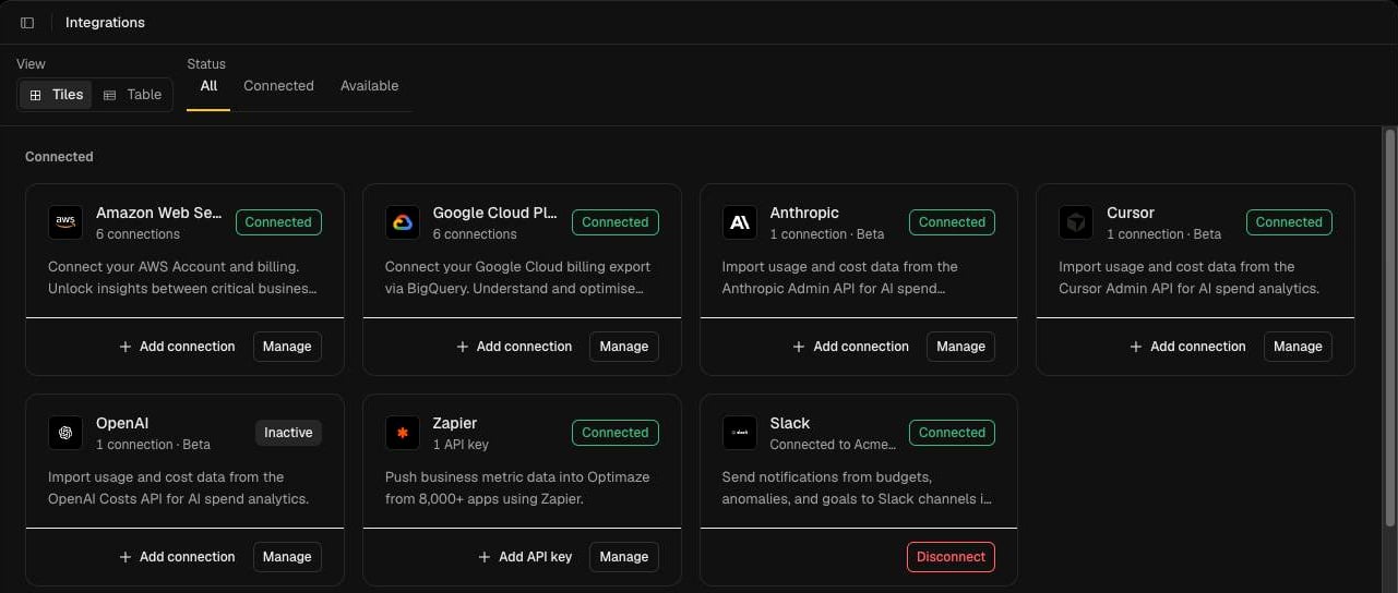 Integrations page with connected provider tiles