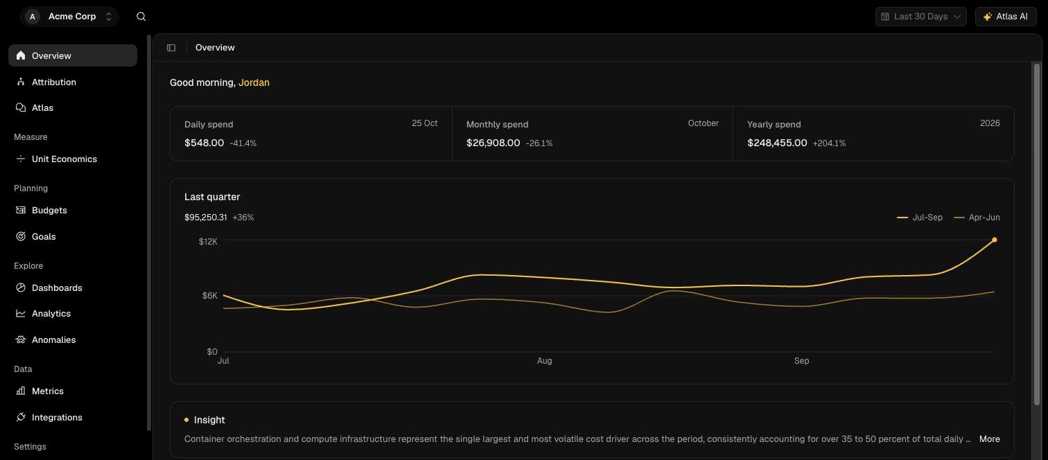 Overview page showing daily, monthly and yearly spend, the last quarter chart and an Insight