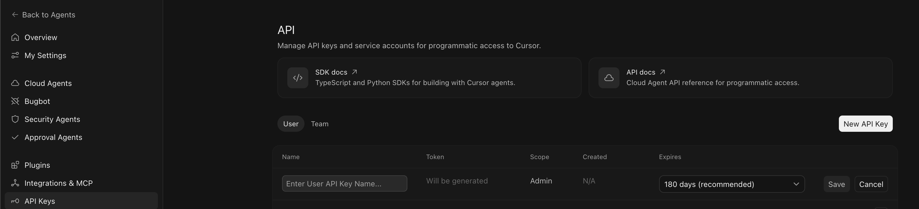Cursor Dashboard — Admin API Keys