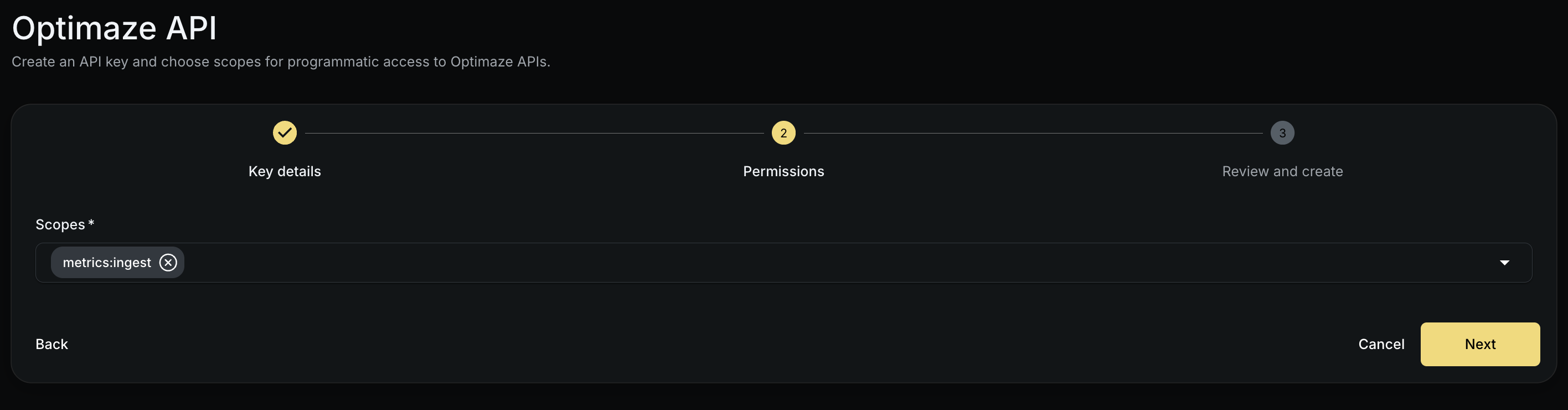 API keys — key details step