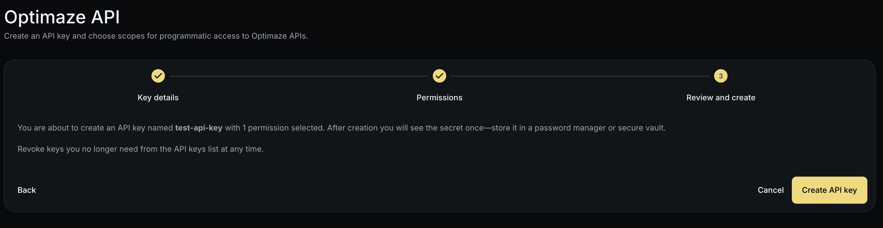 API keys — permissions step