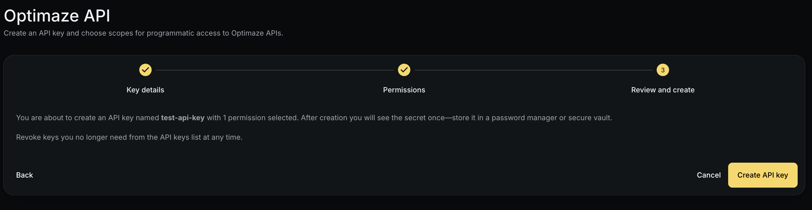 API keys — permissions step