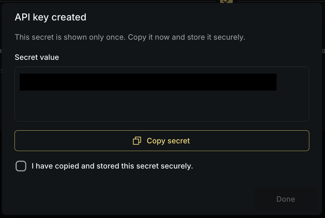 API keys — secret shown once