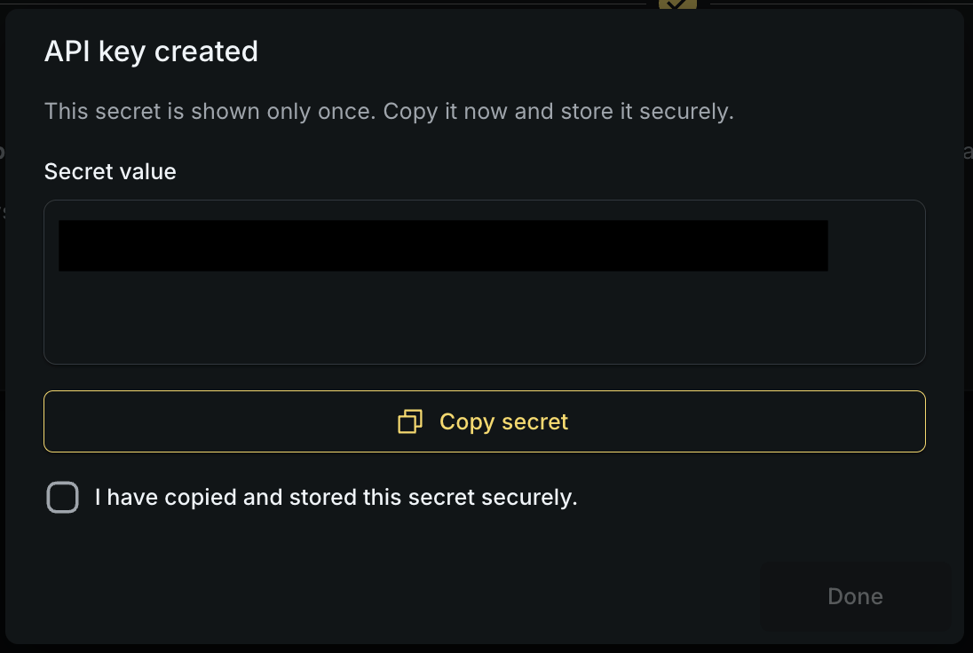 API keys — secret shown once
