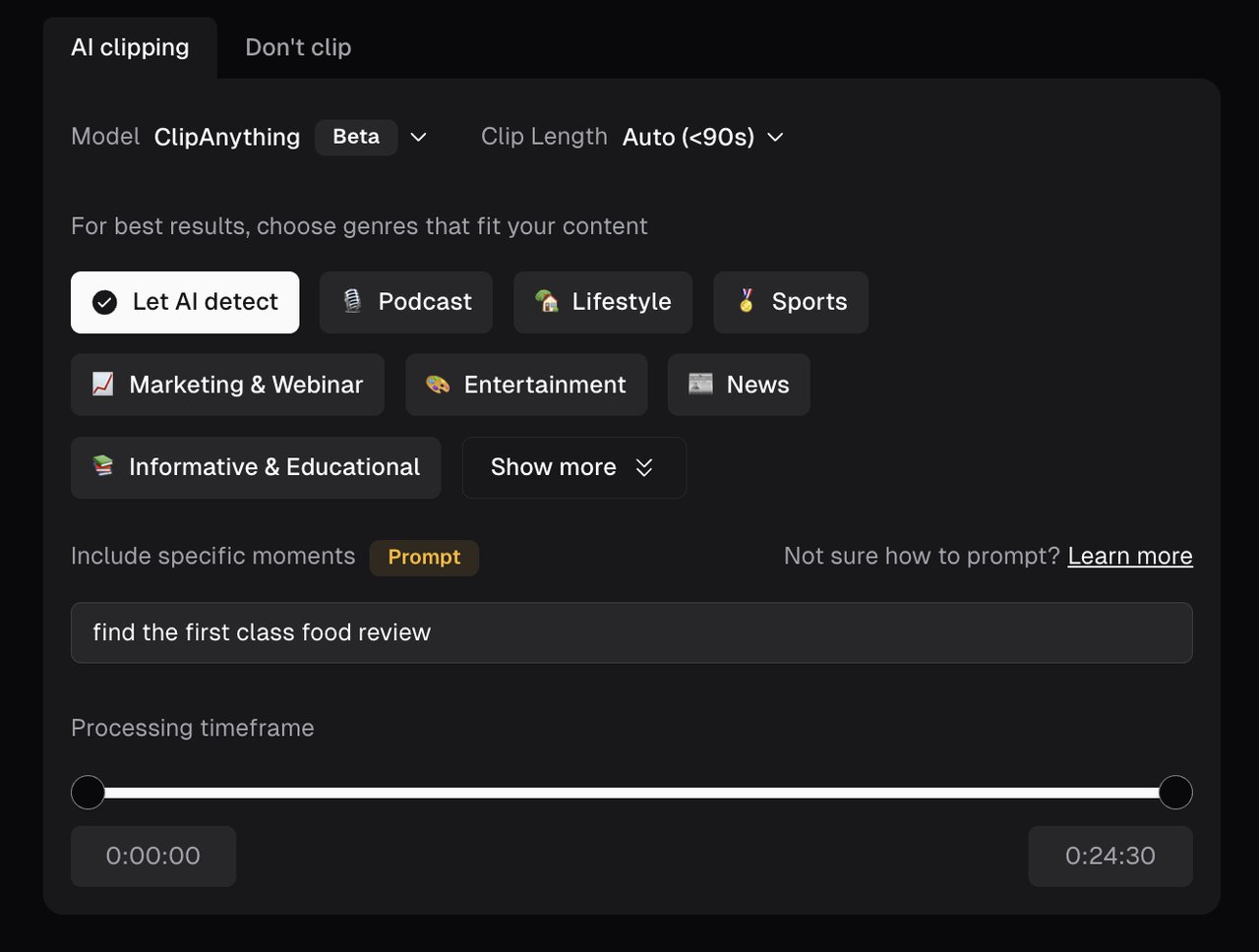 OpusClip ClipAnything settings showing genre choices and a prompt for specific moments