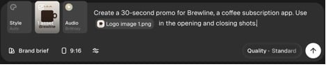 A prompt using @ mentions for a character, object and logo image.