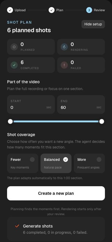 The Multi-Angle editor with Part of the video, Shot coverage, and Create shot plan controls.