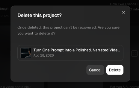 A Delete this project confirmation dialog warning that a deleted project cannot be recovered.