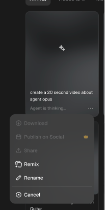 A project menu in the Projects list with Download, Publish on Social, Share, Remix, Rename and Cancel.