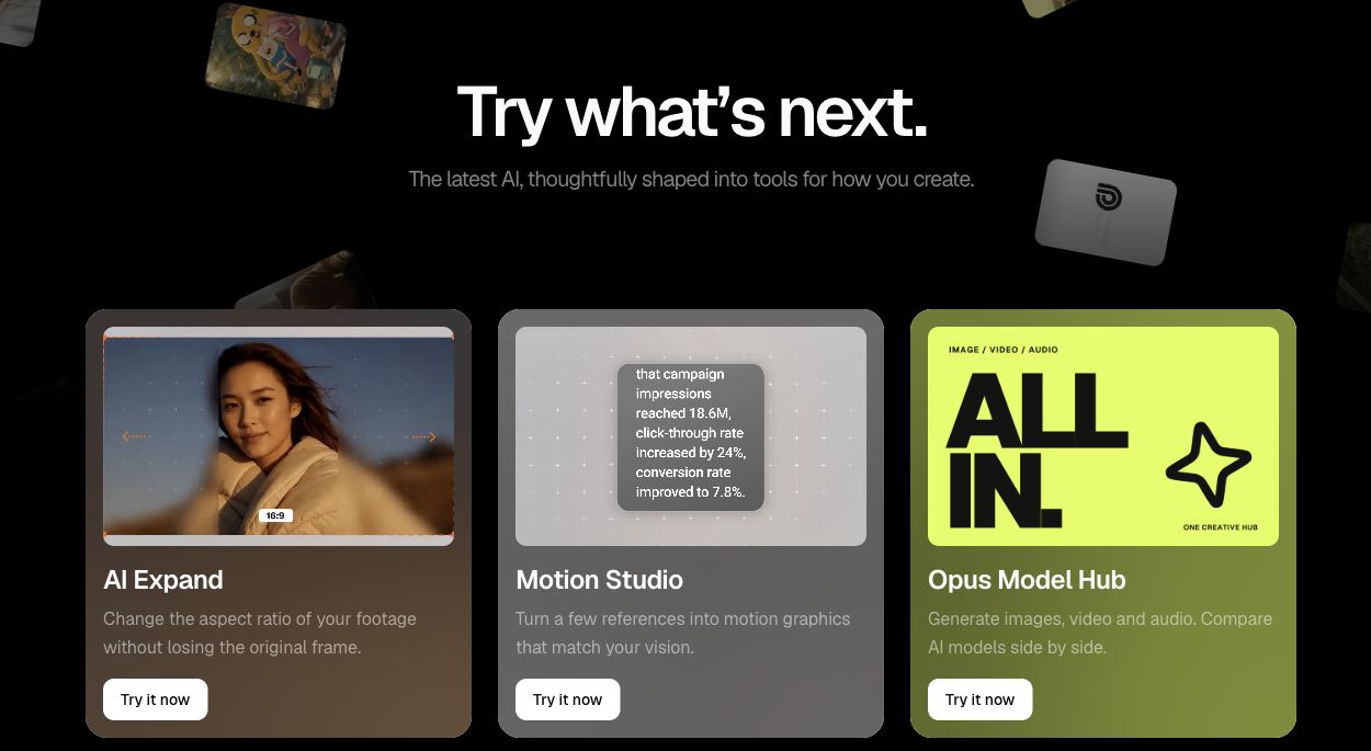 The Opus Labs catalog showing AI Expand, Motion Studio, and Opus Model Hub cards, each with a Try it now button.