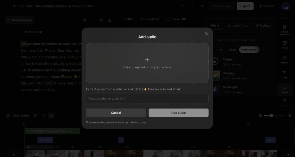 The Add audio dialog with Click to upload or drop a file here, and a Paste a video or audio link field.