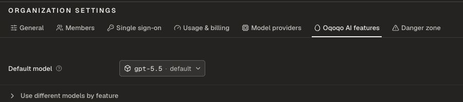 Oqoqo AI features page with the default model control.