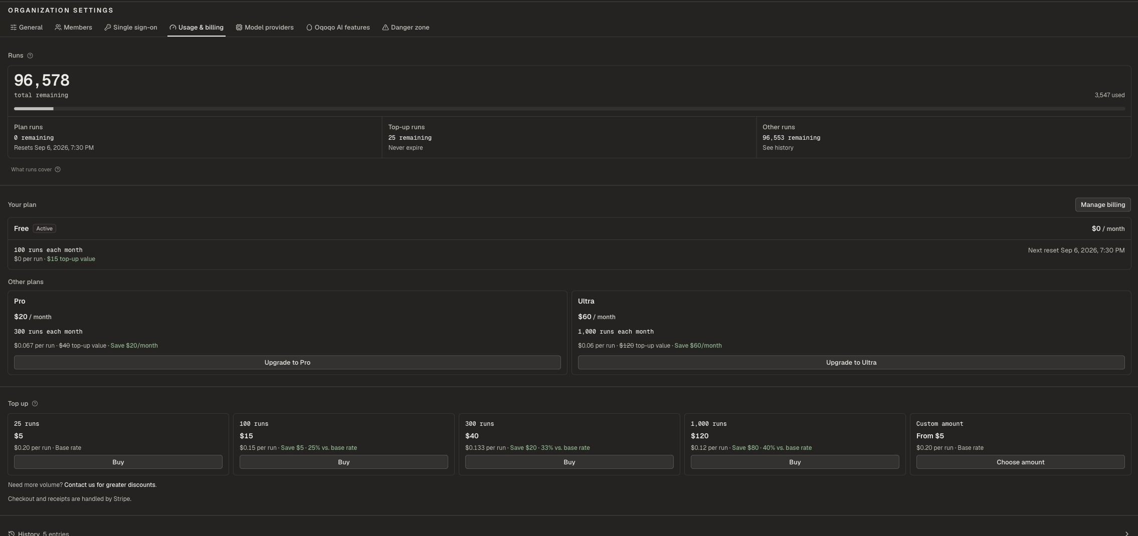 Usage and billing page with plan, top-up, and history areas.