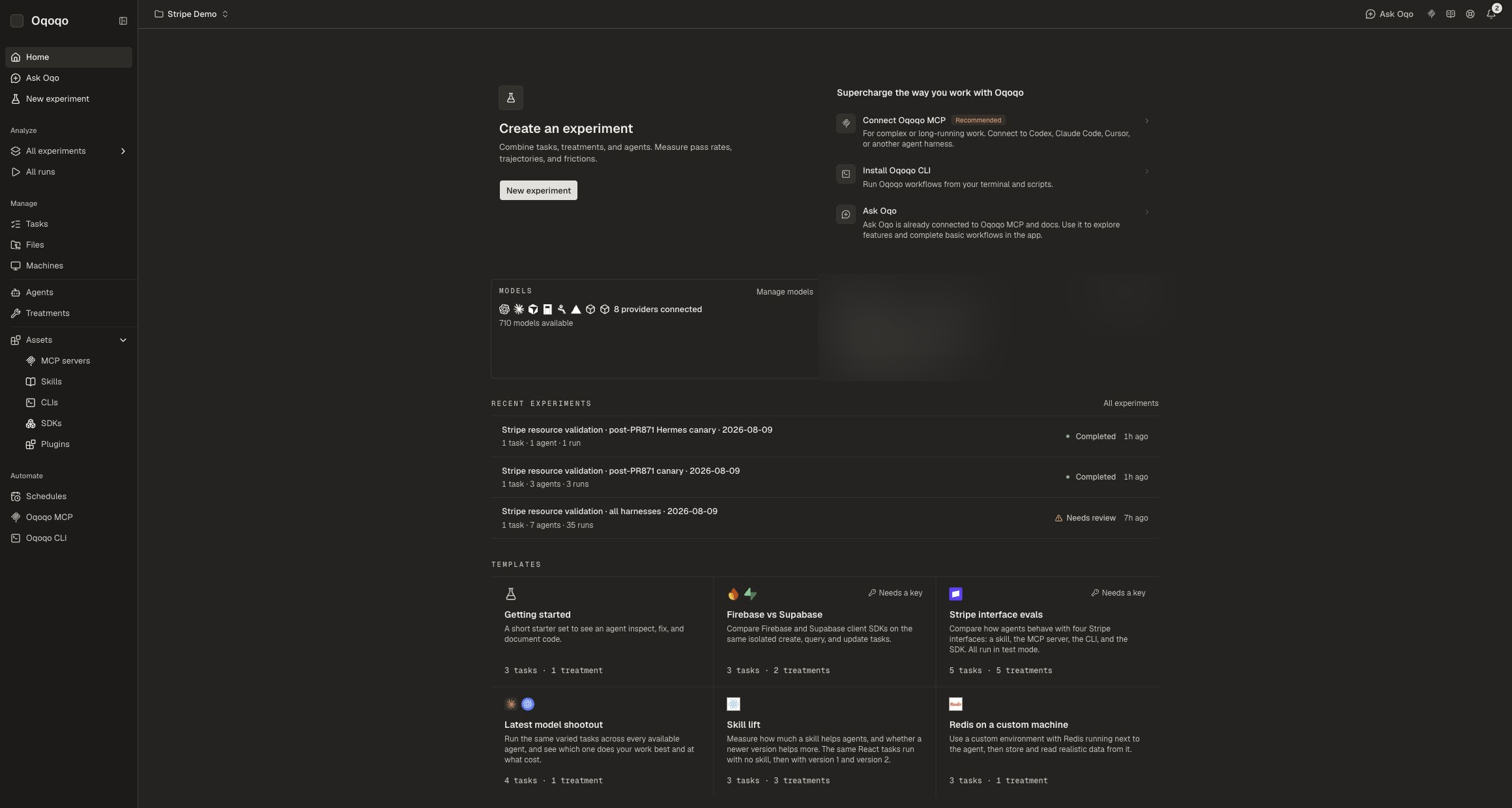 Oqoqo dashboard with its main navigation areas.