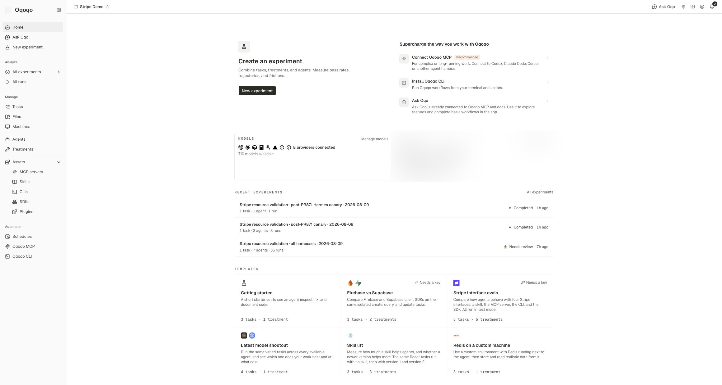 Oqoqo dashboard with its main navigation areas.