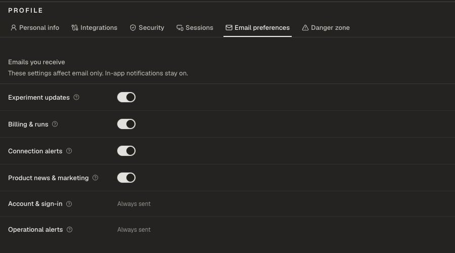 Email preferences with optional and always-sent categories.