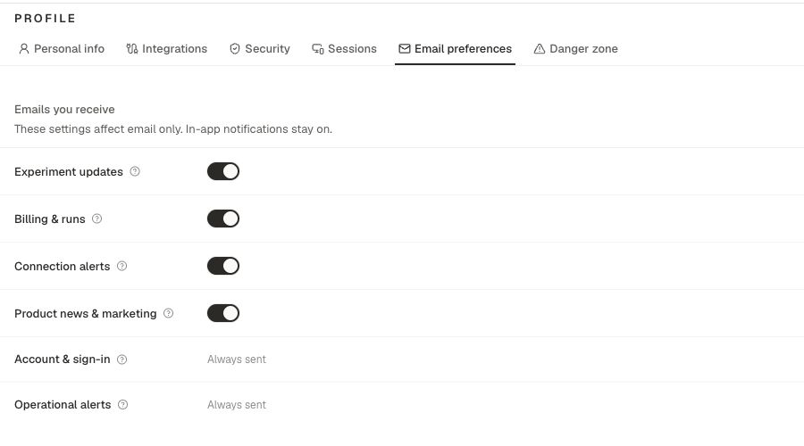 Email preferences with optional and always-sent categories.
