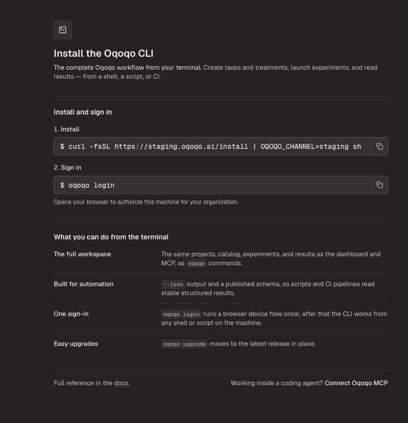 Oqoqo CLI page with terminal and automation capabilities.