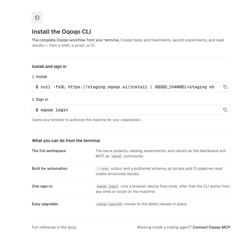 Oqoqo CLI page with terminal and automation capabilities.