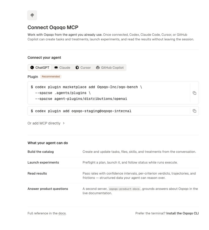 Oqoqo MCP page with the main agent capabilities.