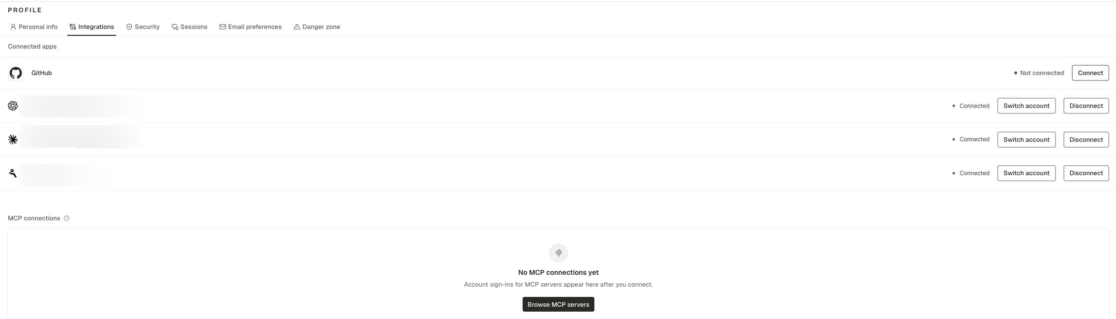 Profile Integrations page with connected apps and MCP connections. Account identifiers are blurred.