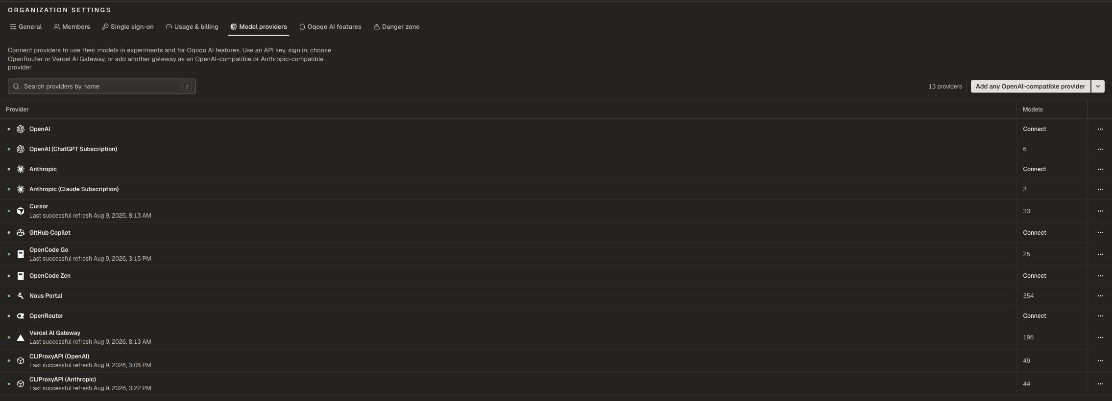 Organization Model providers page with search, add, and provider list areas.