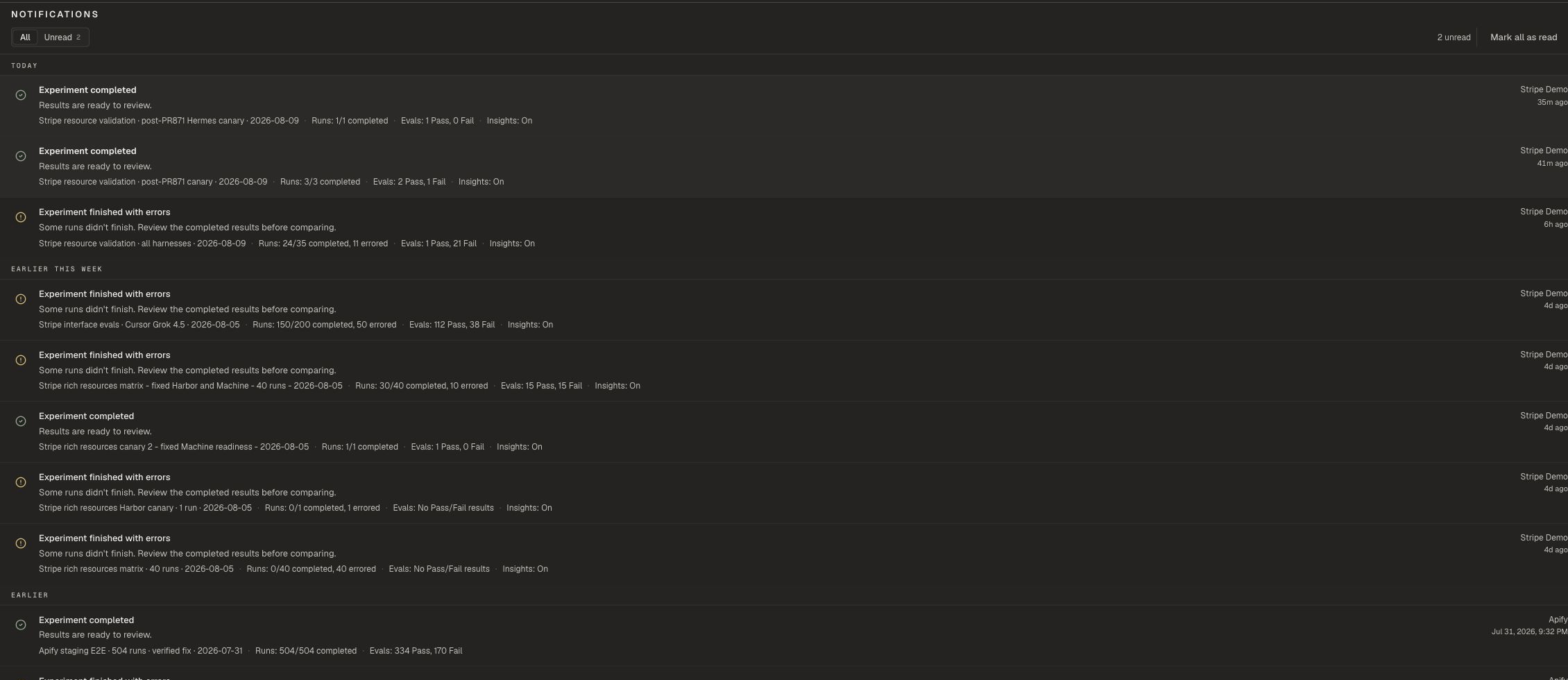 Notifications page with filters, a recent item, and notification history.