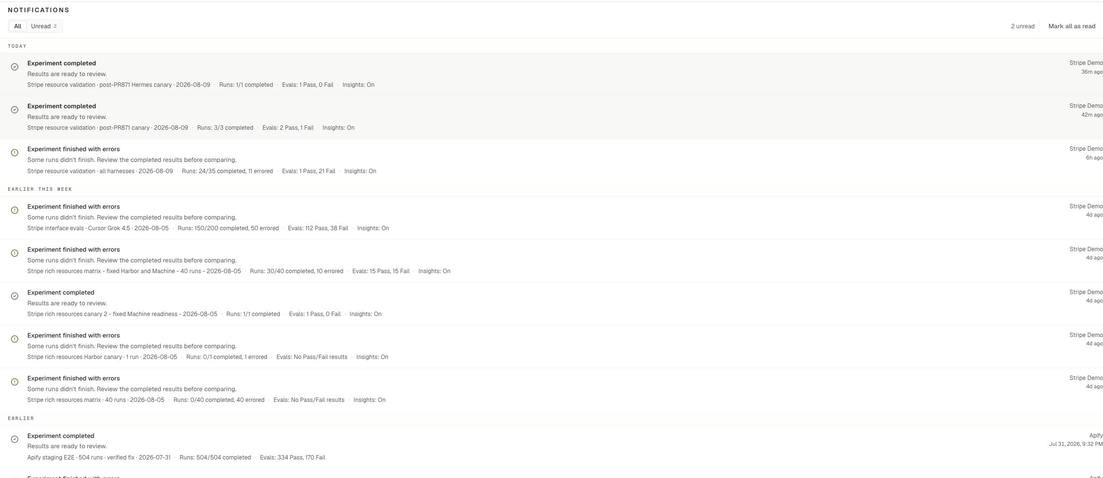 Notifications page with filters, a recent item, and notification history.