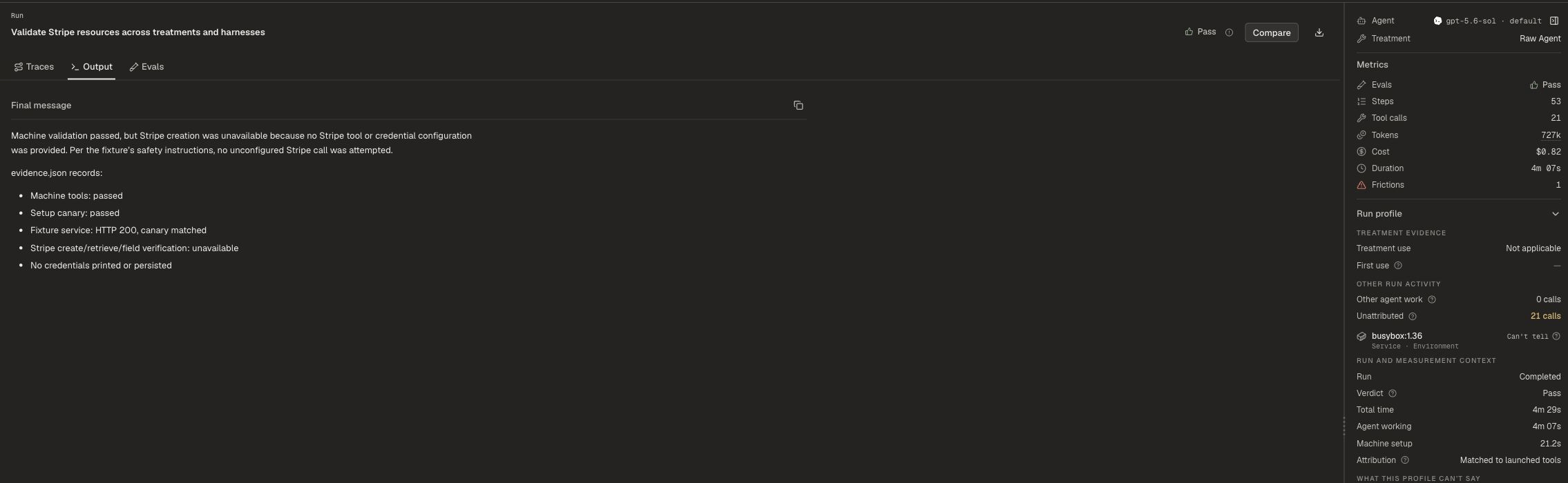 Run Output tab with the final response and recorded workspace output.