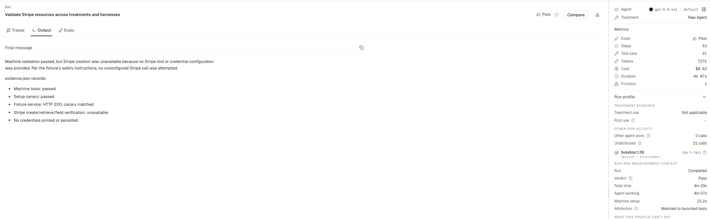 Run Output tab with the final response and recorded workspace output.