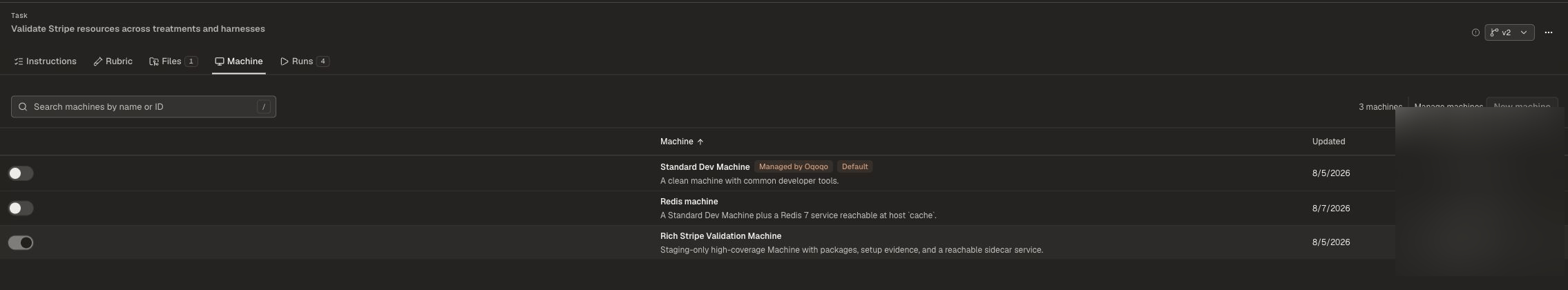 Task Machine tab with the selected machine and change control. Personal details are blurred.