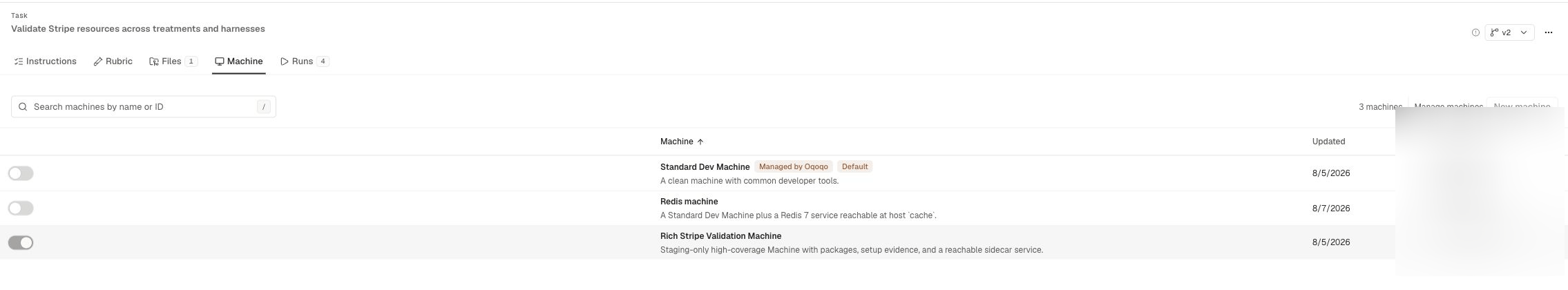 Task Machine tab with the selected machine and change control. Personal details are blurred.