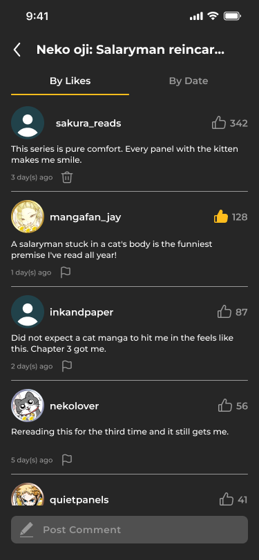 Comment list with By Likes and By Date tabs