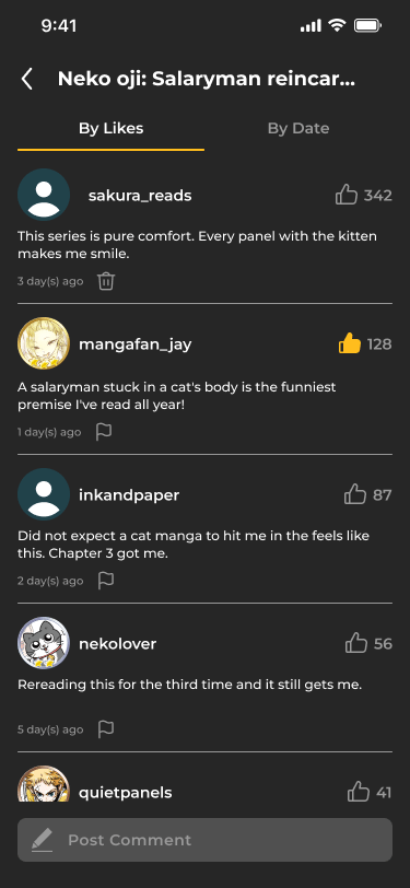 Comment list with By Likes and By Date tabs